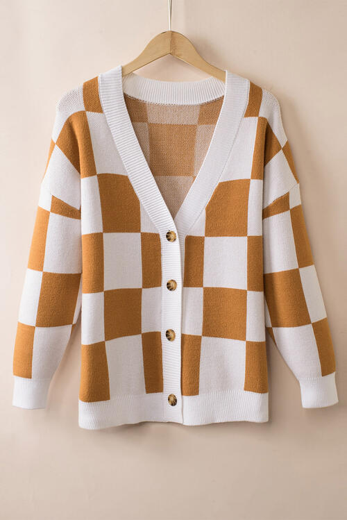 Checkered Button-Up Dropped Shoulder Cardigan