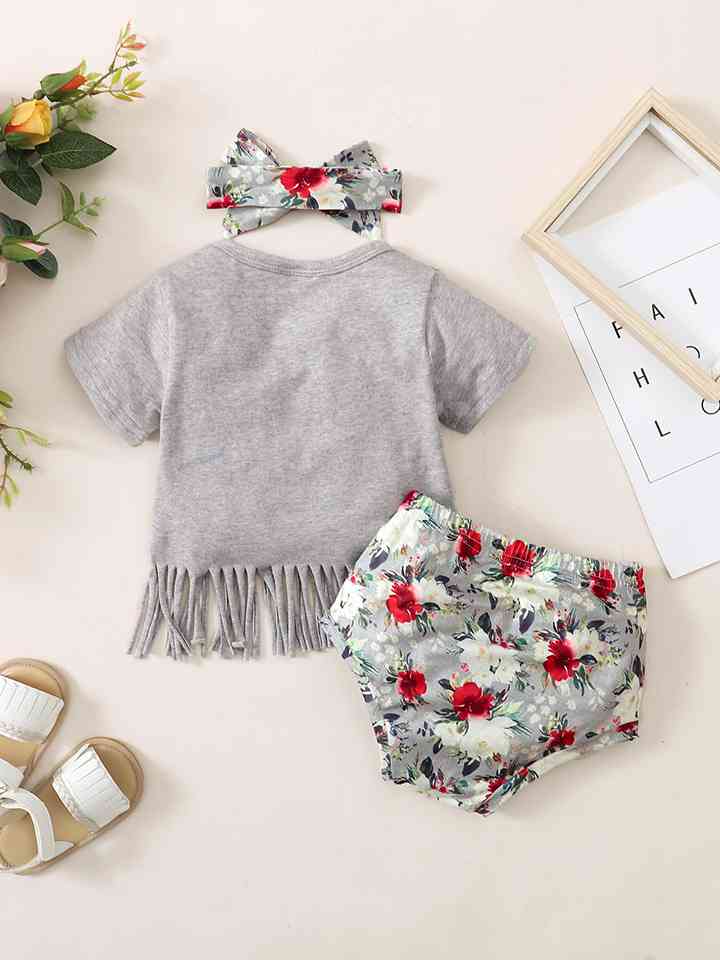 Fringe Detail SASSY Graphic T-Shirt and Floral Print Shorts Set