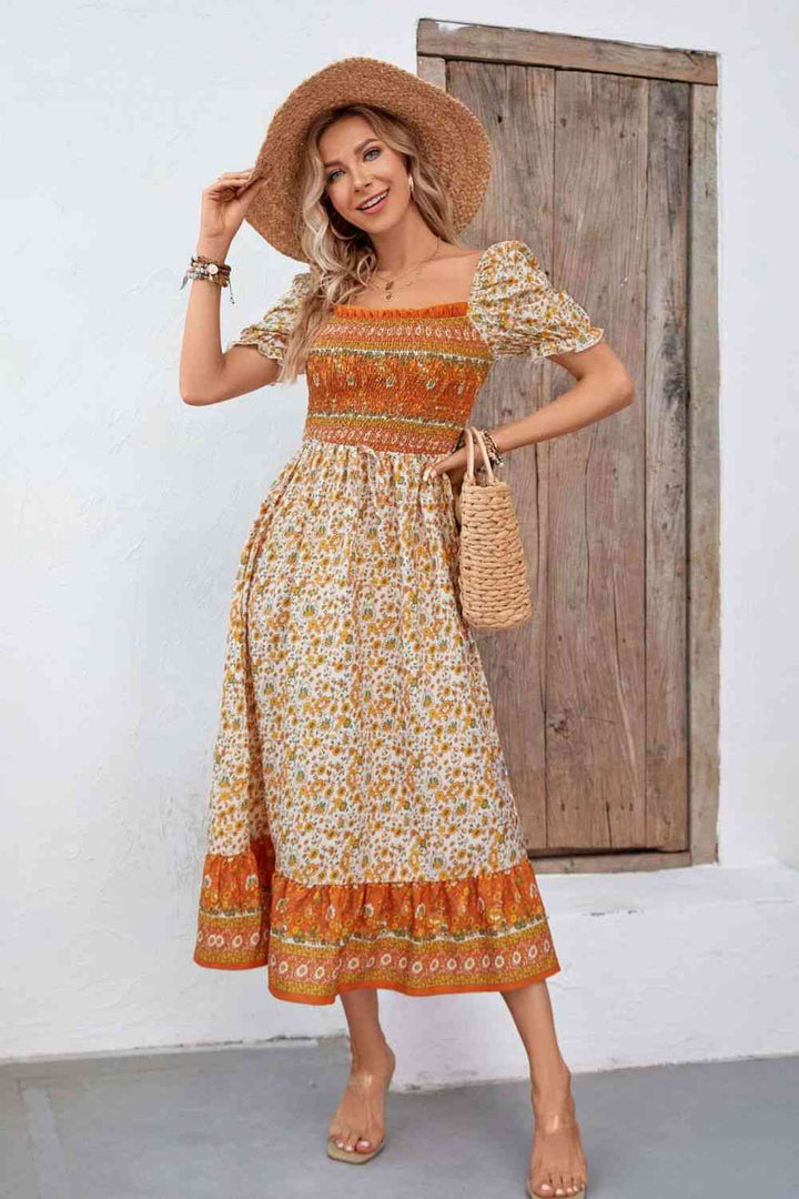 Bohemian Square Neck Puff Sleeve Dress