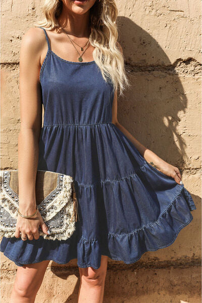 Spaghetti Strap Tiered Denim Dress