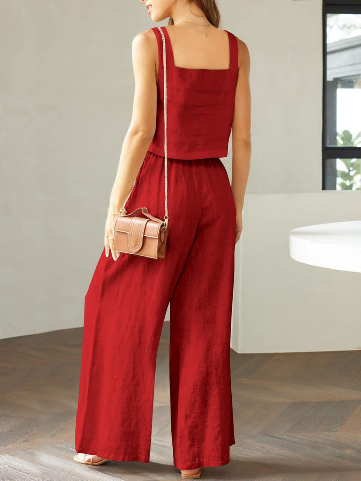 Square Neck Top and Wide Leg Pants Set