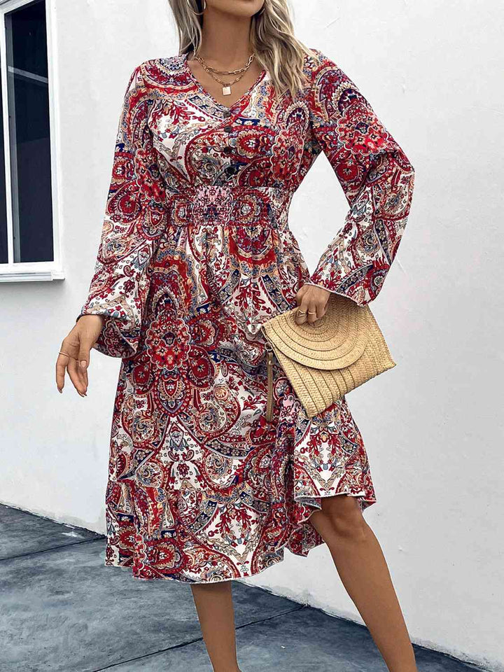 Smocked V-Neck Long Sleeve Dress