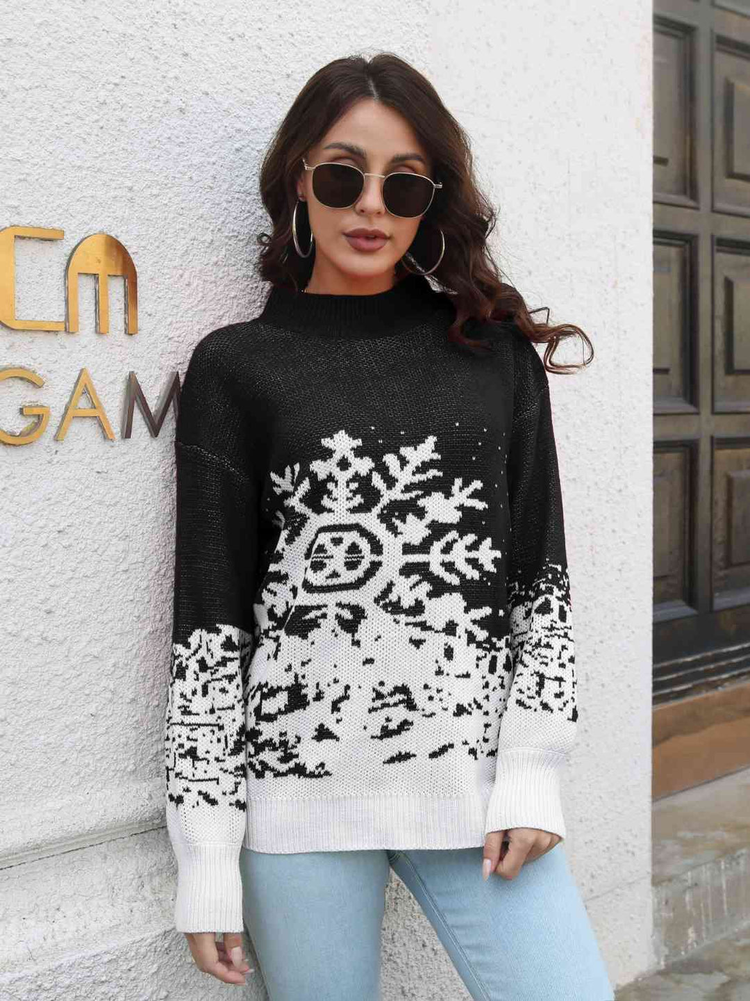 Snowflake Pattern Mock Neck Sweater