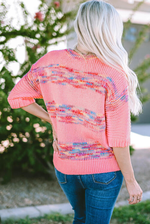 Full Size Heathered Round Neck Half Sleeve Sweater