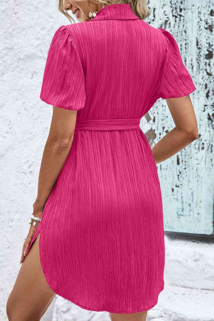 Textured Tie Belt Short Sleeve Dress