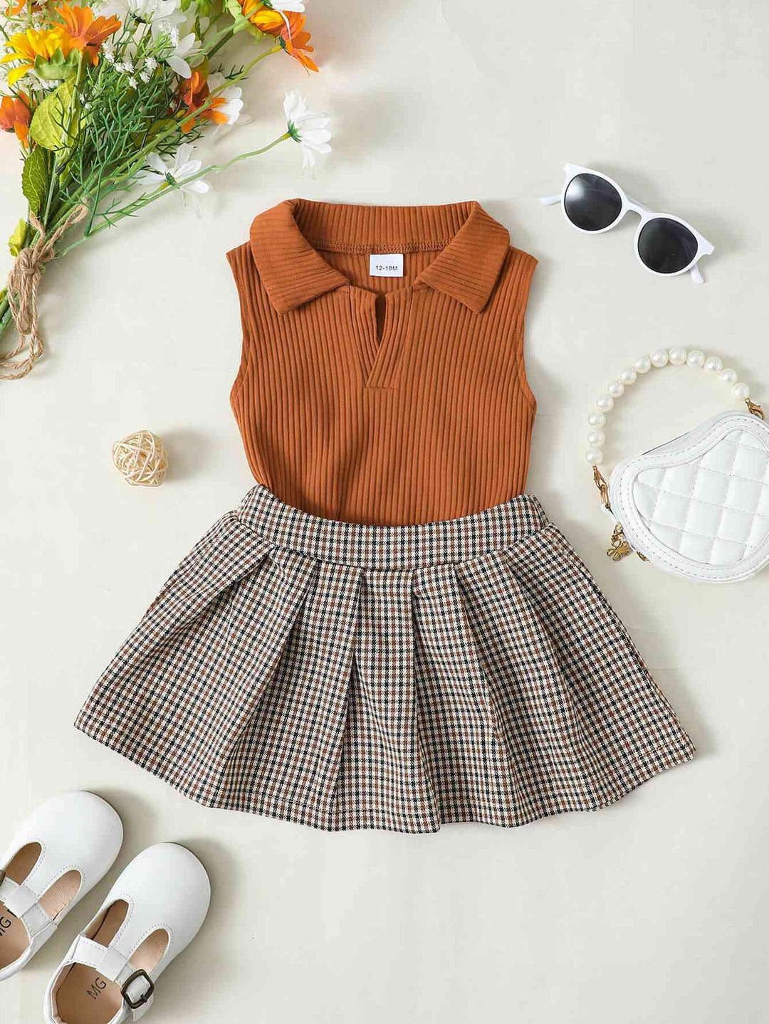 Girls Ribbed Sleeveless Top and Plaid Skirt Set