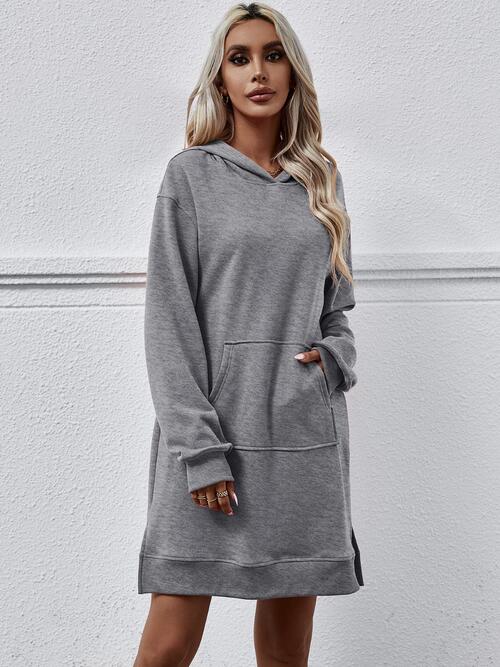 Slit Long Sleeve Hooded Dress with Pocket