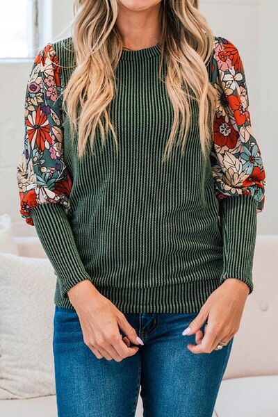 Printed Round Neck Lantern Sleeve T-Shirt