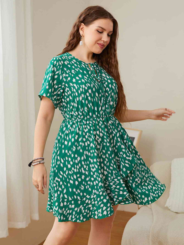 Plus Size Printed Tie Neck Ruffled Dress