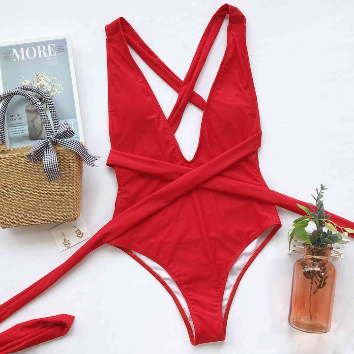 Halter Neck Deep V Tied One-Piece Swimsuit