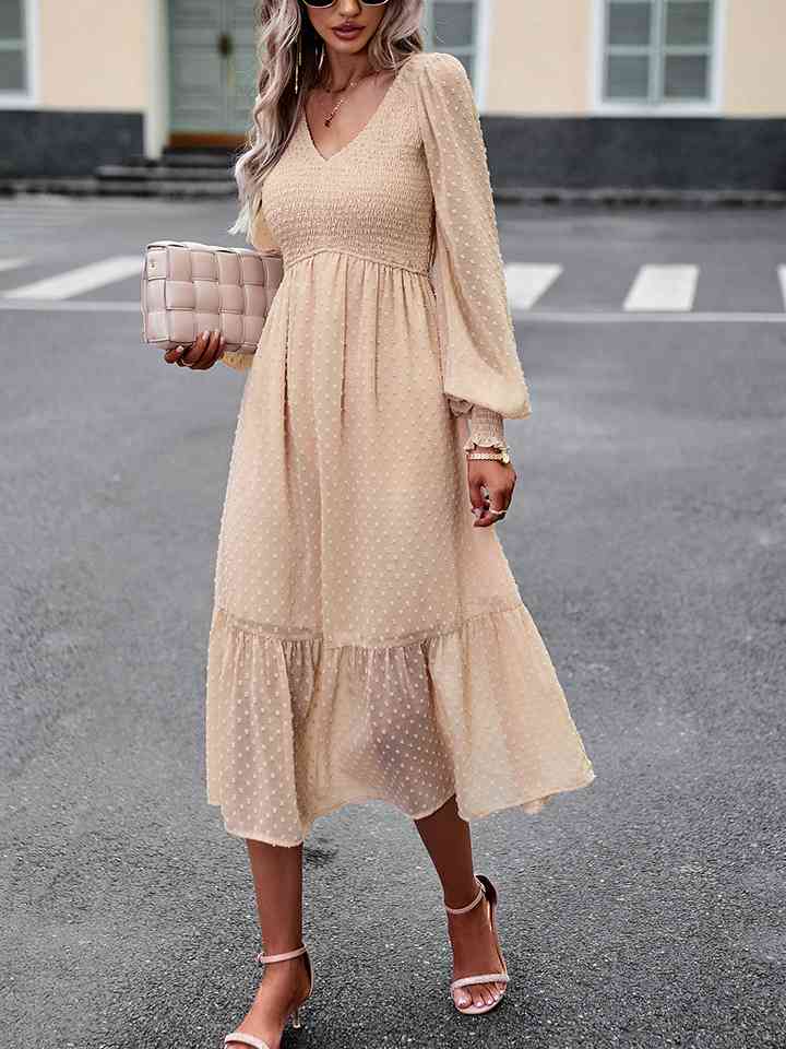 Swiss Dot V-Neck Flounce Sleeve Midi Dress