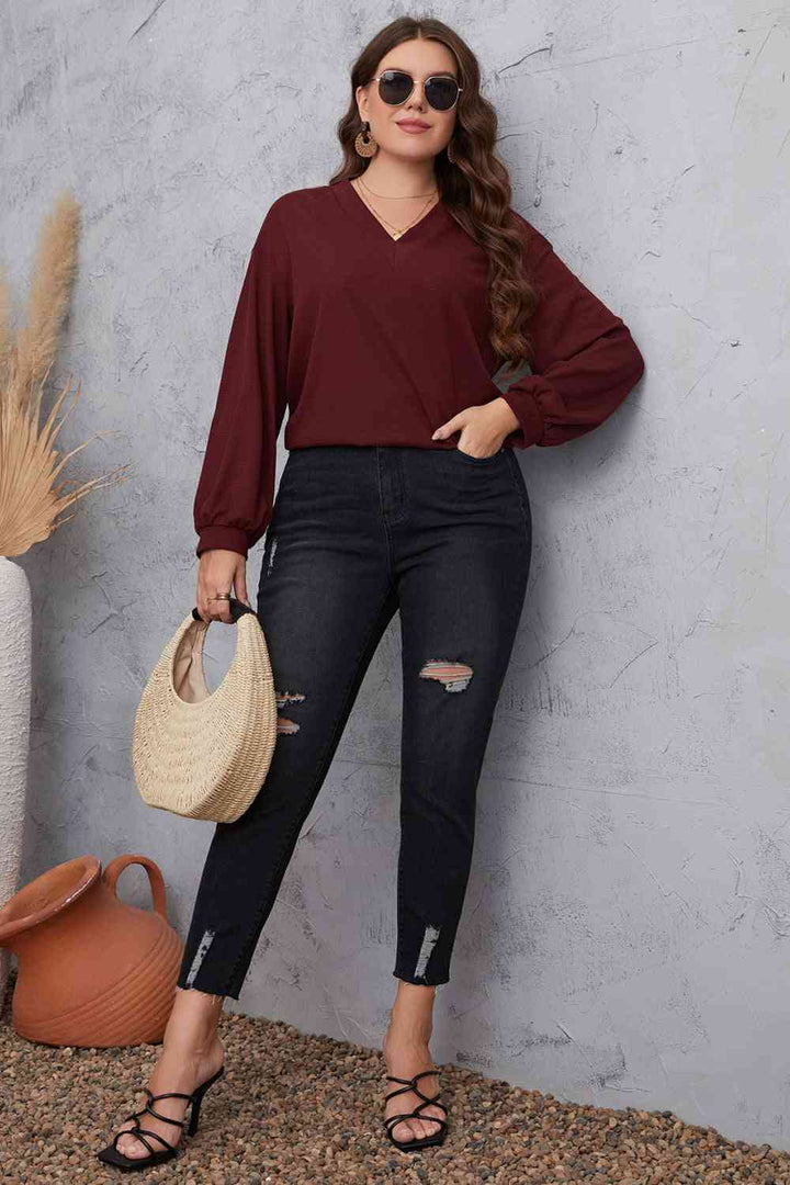 Melo Apparel Plus Size V-Neck Dropped Shoulder Blouse