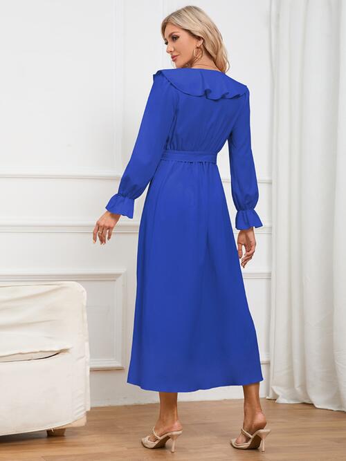 Surplice Tie Front Flounce Sleeve Dress