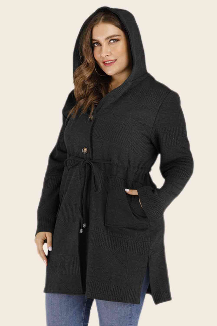 Plus Size Drawstring Waist Hooded Cardigan with Pockets