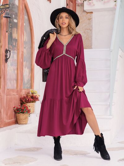 V-Neck Lantern Sleeve Ruffle Hem Dress