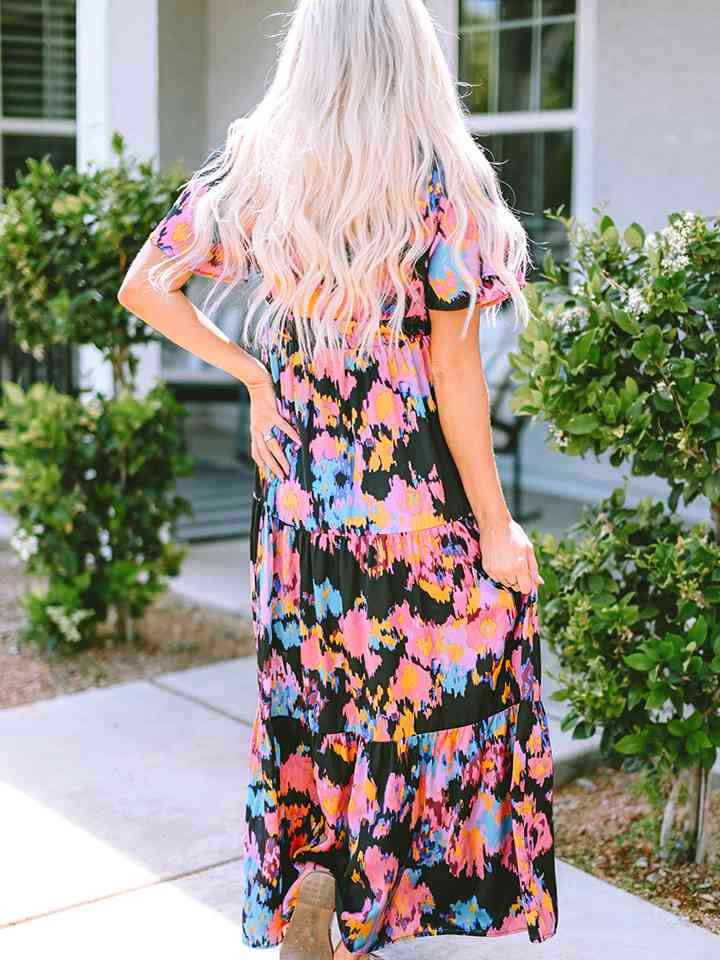 Printed V-Neck Short Sleeve Maxi Dress