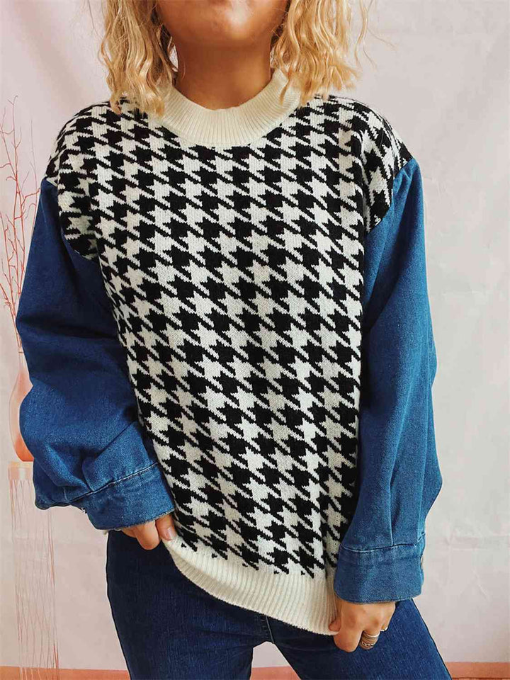 Houndstooth Denim Sleeve Sweater