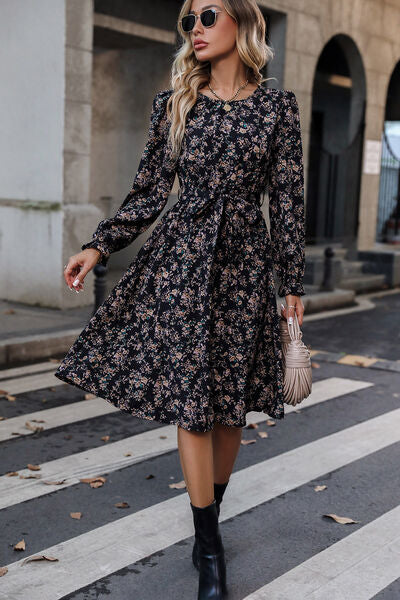 Printed Round Neck Flounce Sleeve Dress