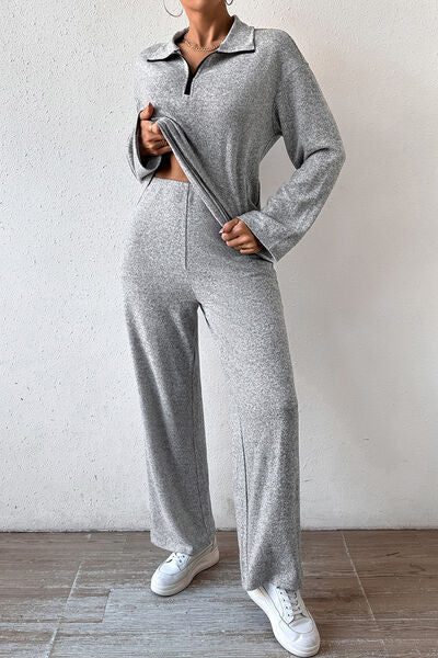 Quarter Zip Dropped Shoulder Top and Pants Set