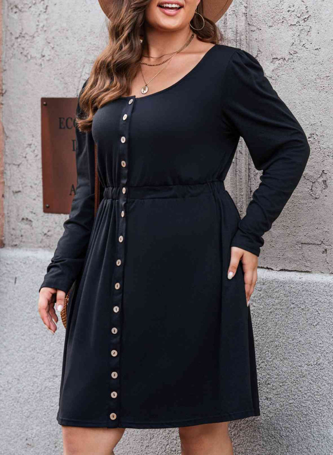 Plus Size Button Front Elastic Waist Long Sleeve Dress