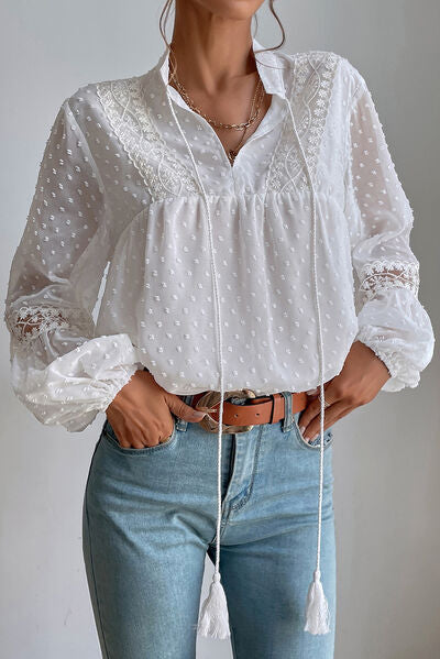 Swiss Dot Lace Detail Tie Neck Shirt