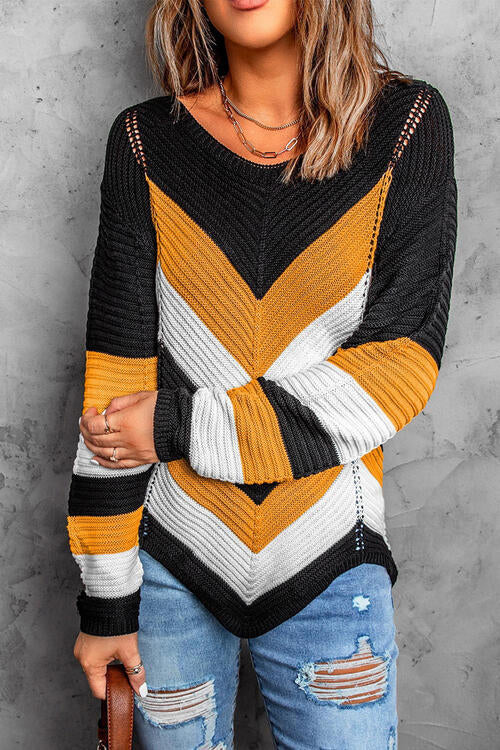 Eyelet Color Block Long Sleeve Sweater