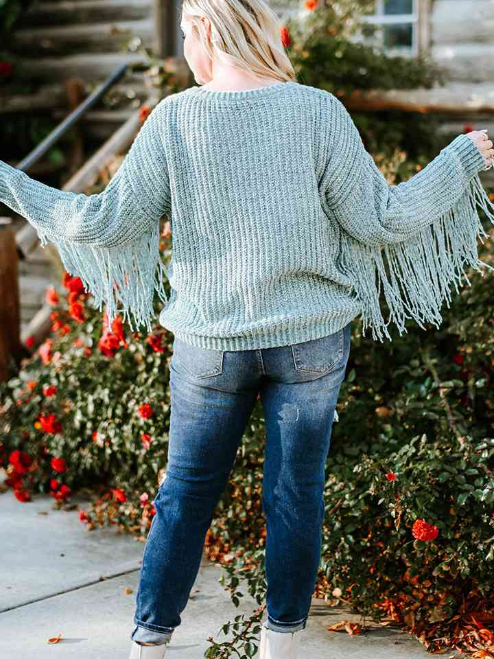 Plus Size Round Neck Long Sleeve Fringe Detail Sweater