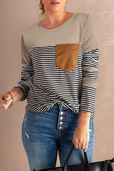 Pocketed Striped Round Neck T-Shirt