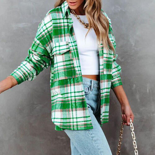 Plaid High-Low Collared Neck Jacket with Pockets