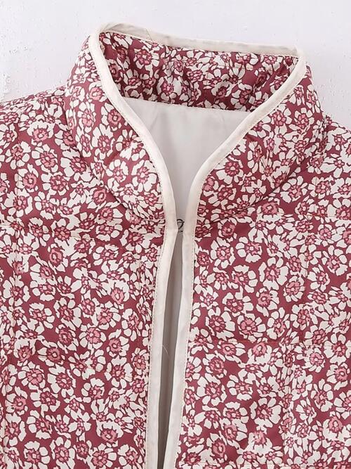 Floral Open Front Puffer Jacket with Pockets