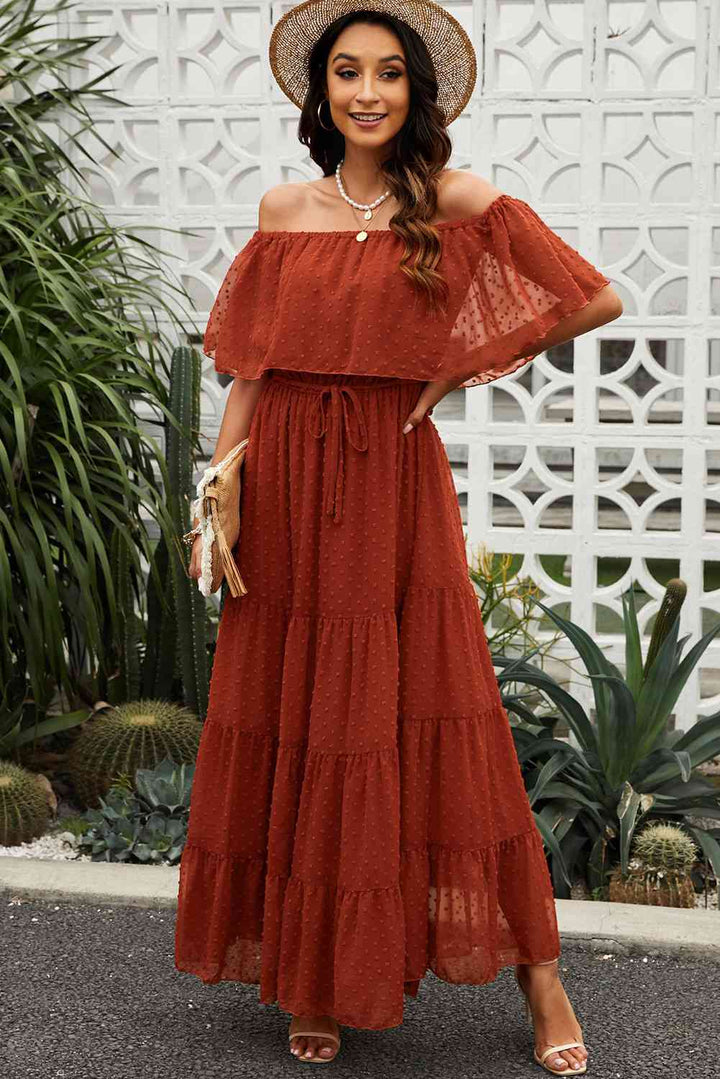 Swiss Dot Off-Shoulder Tiered Maxi Dress