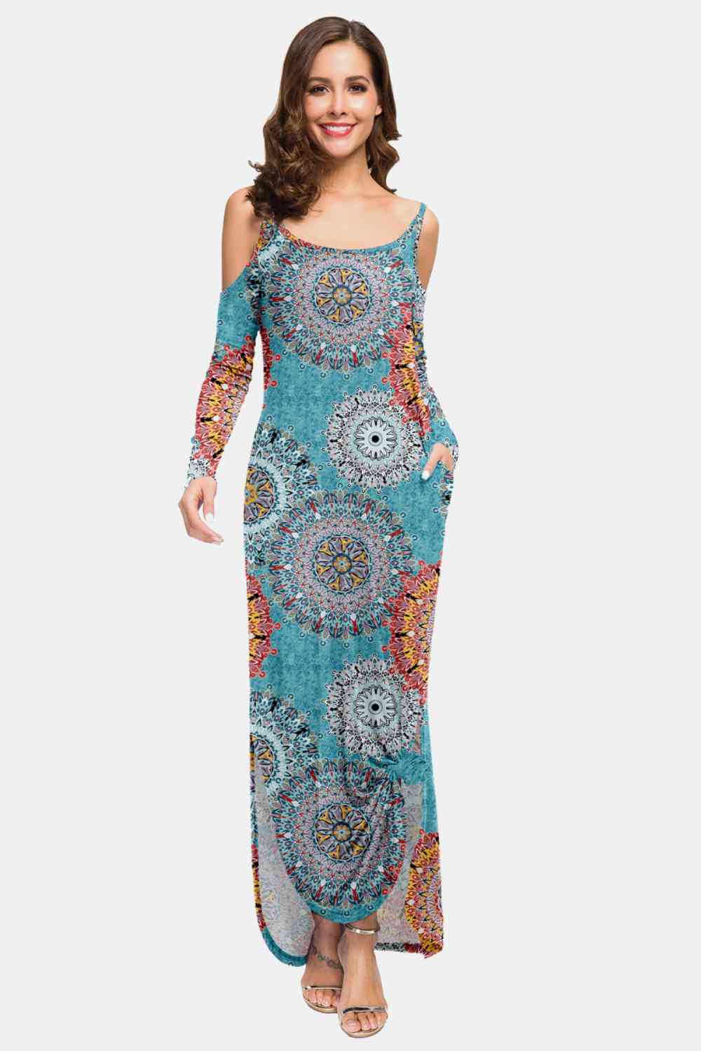 Printed Cold-Shoulder Slit Maxi Dress