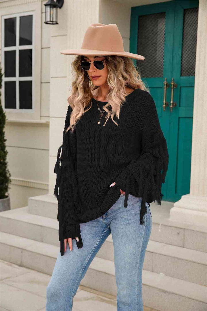 Ribbed Round Neck Fringe Detail Sweater