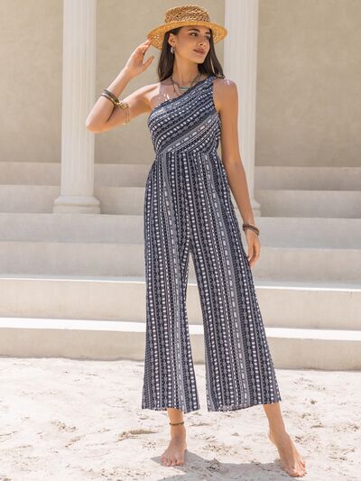 Printed Single Shoulder Sleeveless Jumpsuit