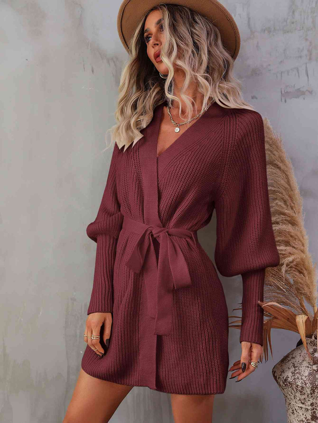 Belted Surplice Lantern Sleeve Wrap Sweater Dress