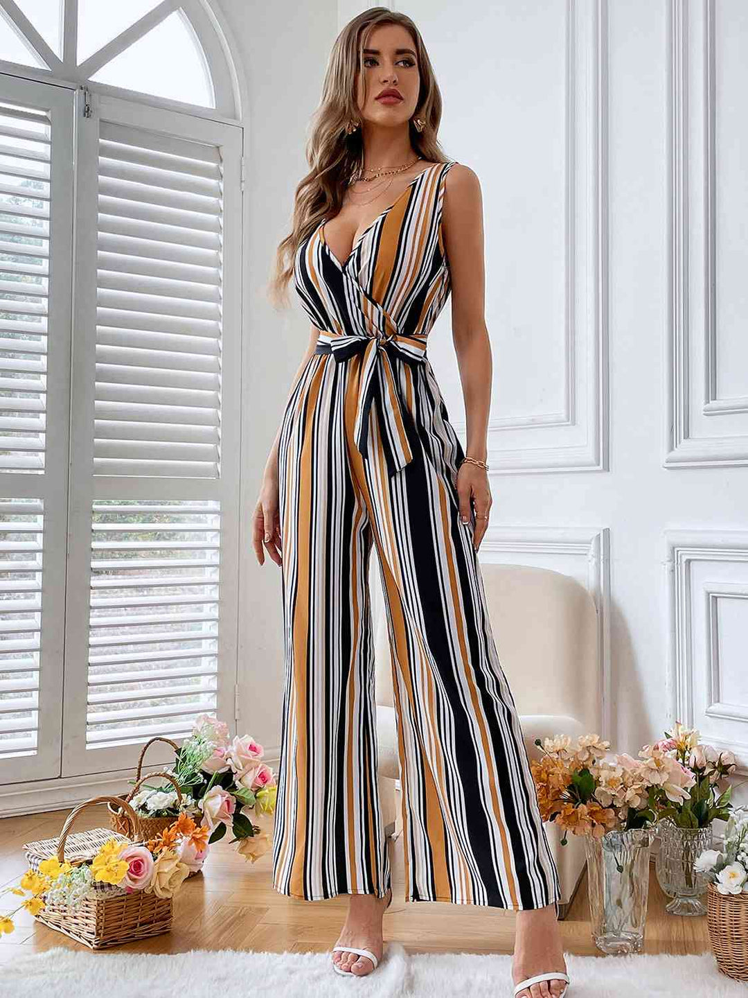 Striped Surplice Neck Sleeveless Wide Leg Jumpsuit