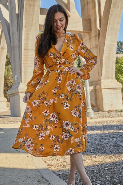 Double Take Full Size Floral Tie Back Flounce Sleeve Dress