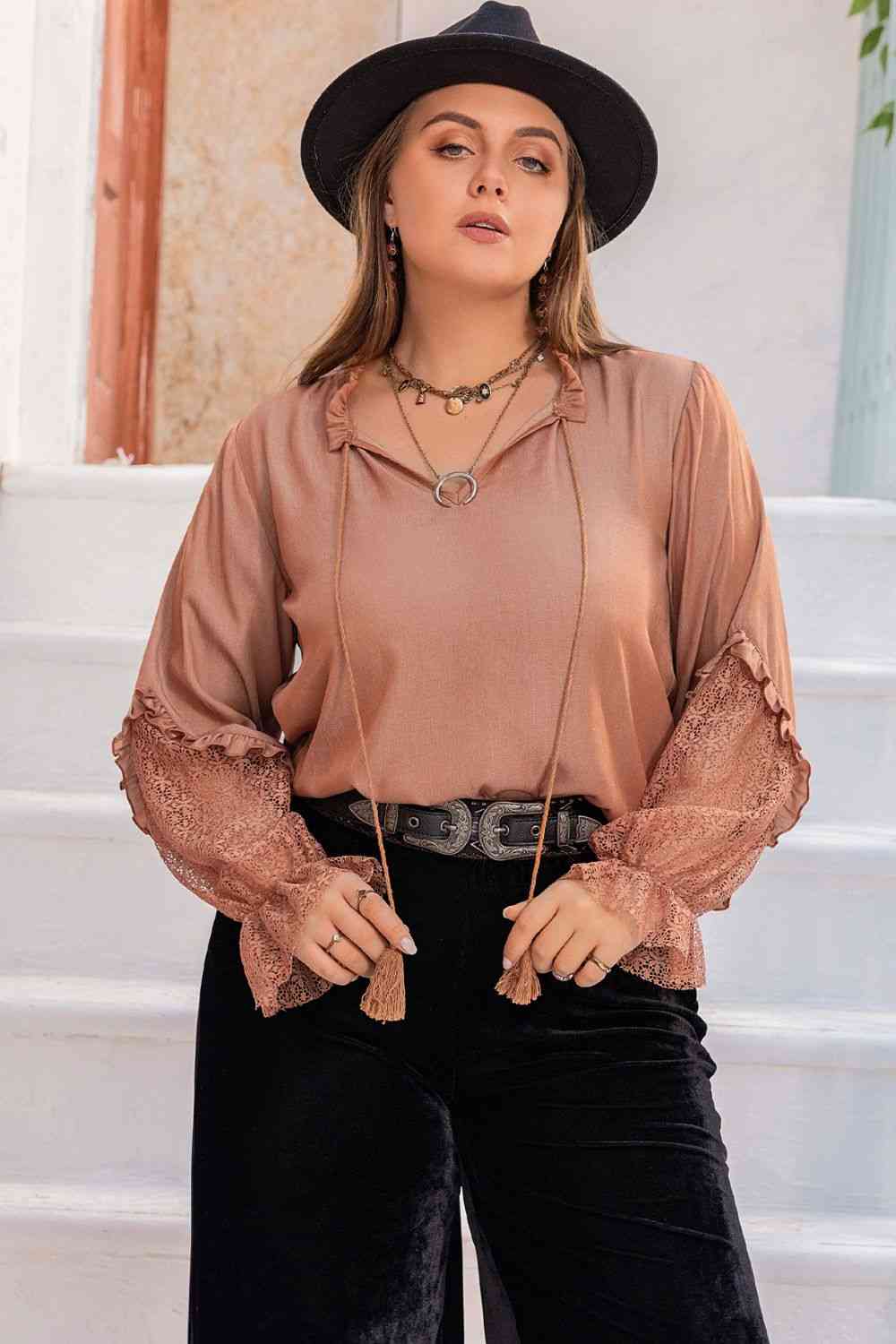 Plus Size Tie Neck Flounce Sleeve Blouse