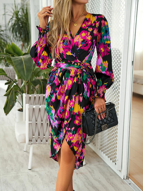 Printed Tie Front Lantern Sleeve Dress