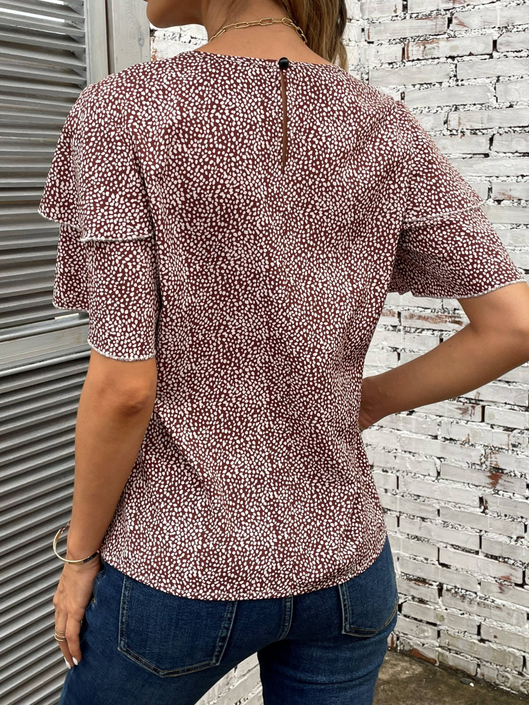 Printed Round Neck Short Sleeve Blouse