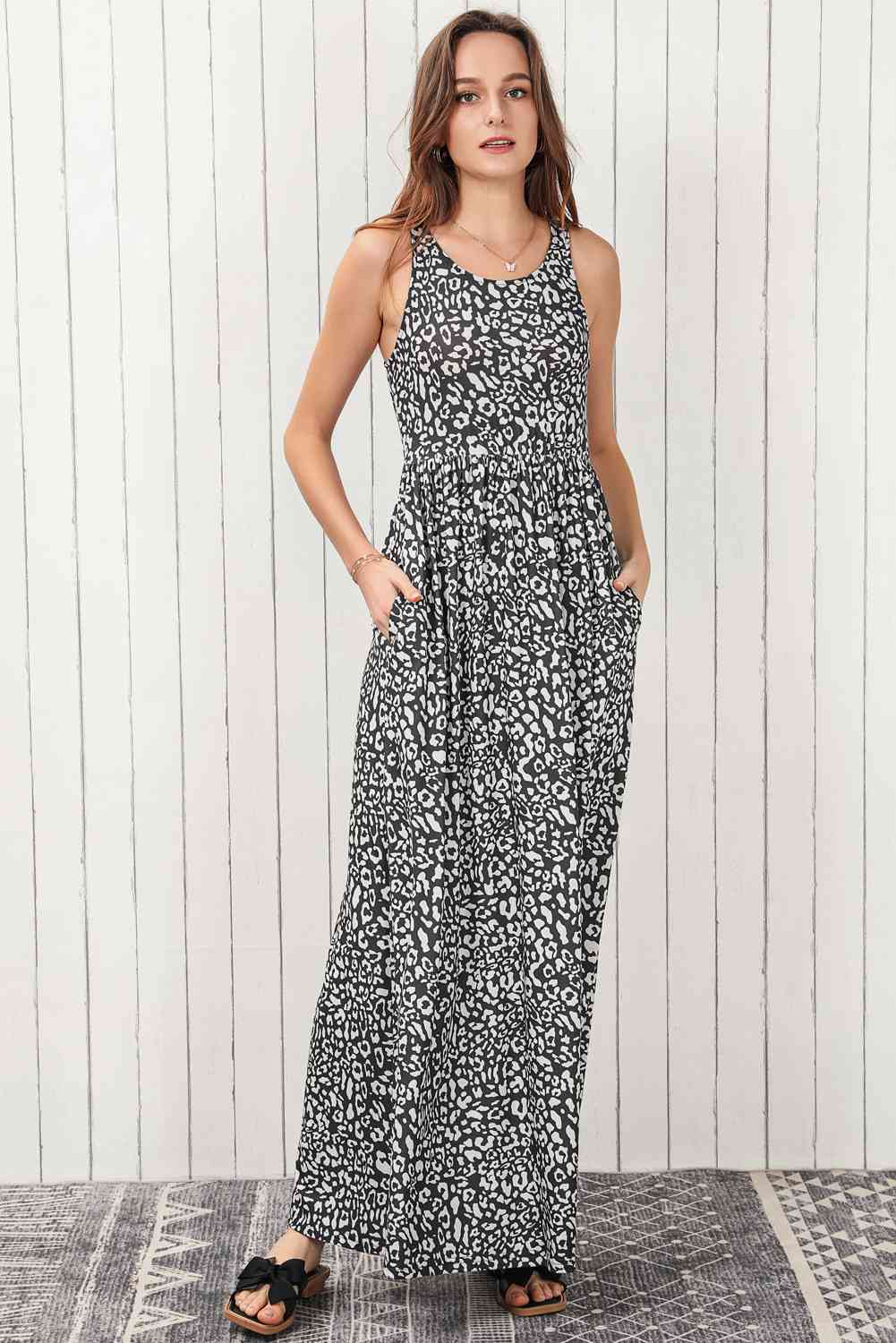 Leopard Round Neck Sleeveless Maxi Dress