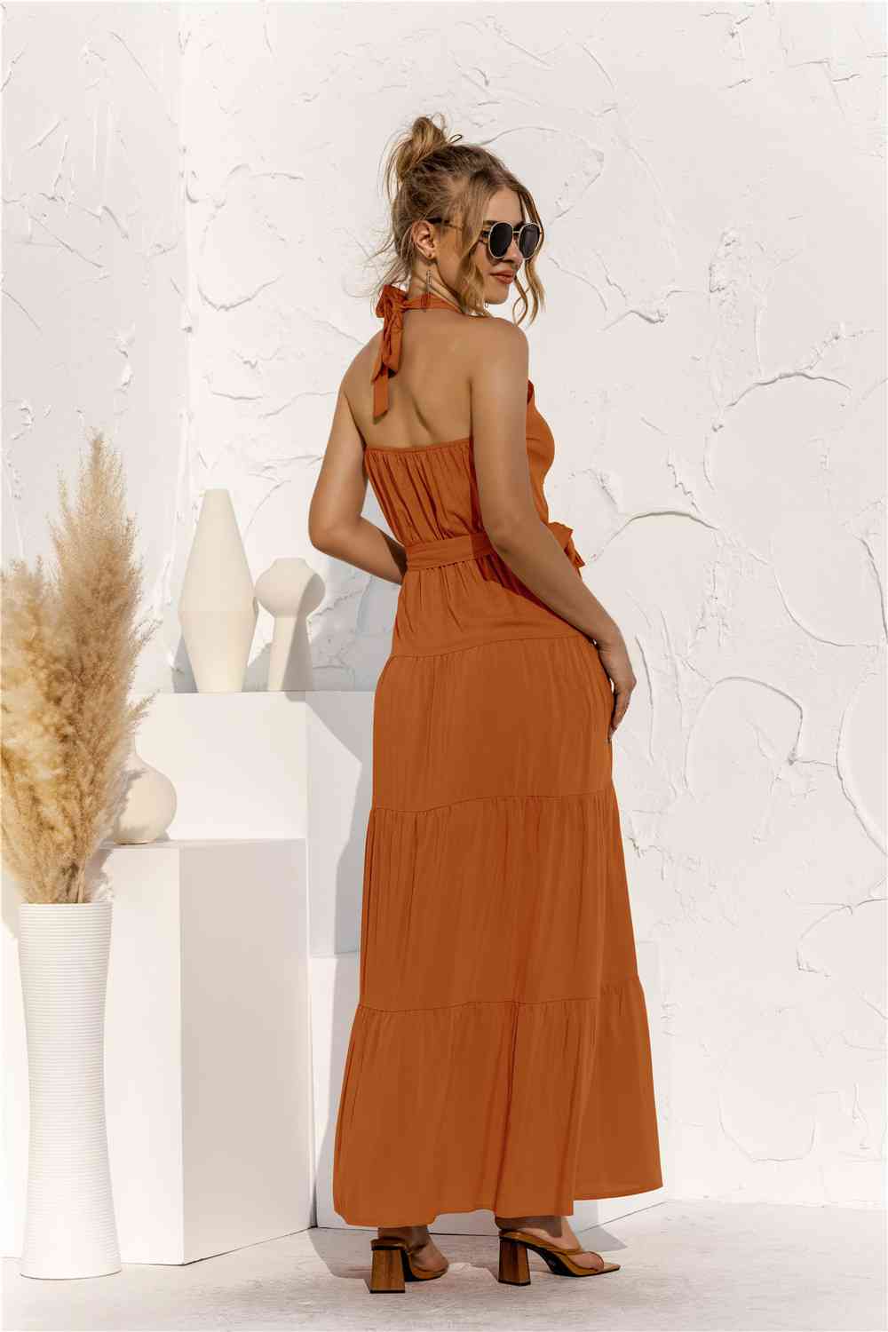 Halter Neck Tie Waist Tiered Maxi Dress