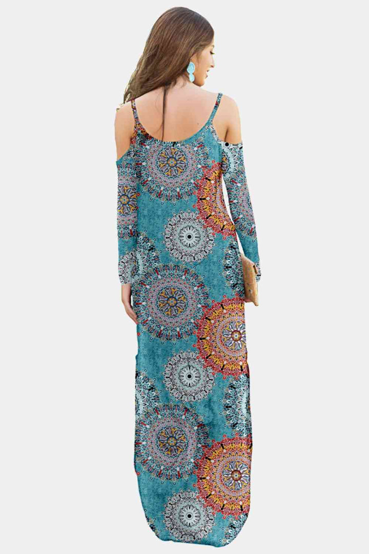 Printed Cold-Shoulder Slit Maxi Dress