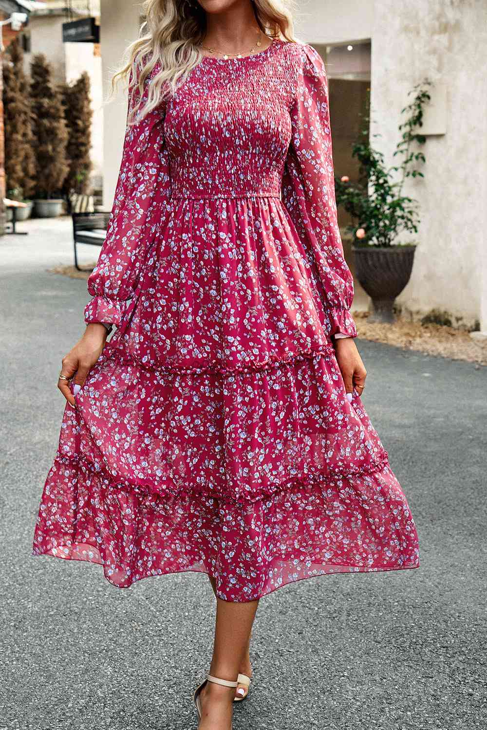 Smocked Flounce Sleeve Midi Dress