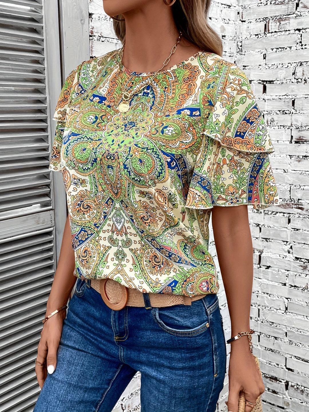 Printed Round Neck Short Sleeve Blouse