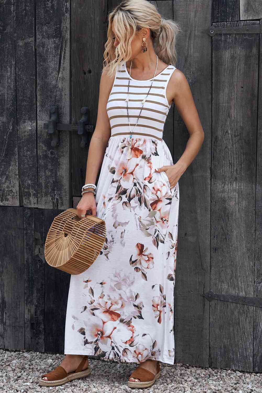 Striped Floral Round Neck Sleeveless Maxi Dress