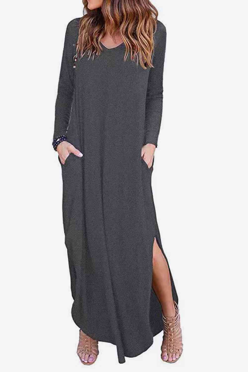 Split Long Sleeve V-Neck Maxi Dress