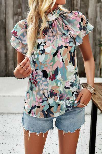 Printed Ruffled Mock Neck Blouse