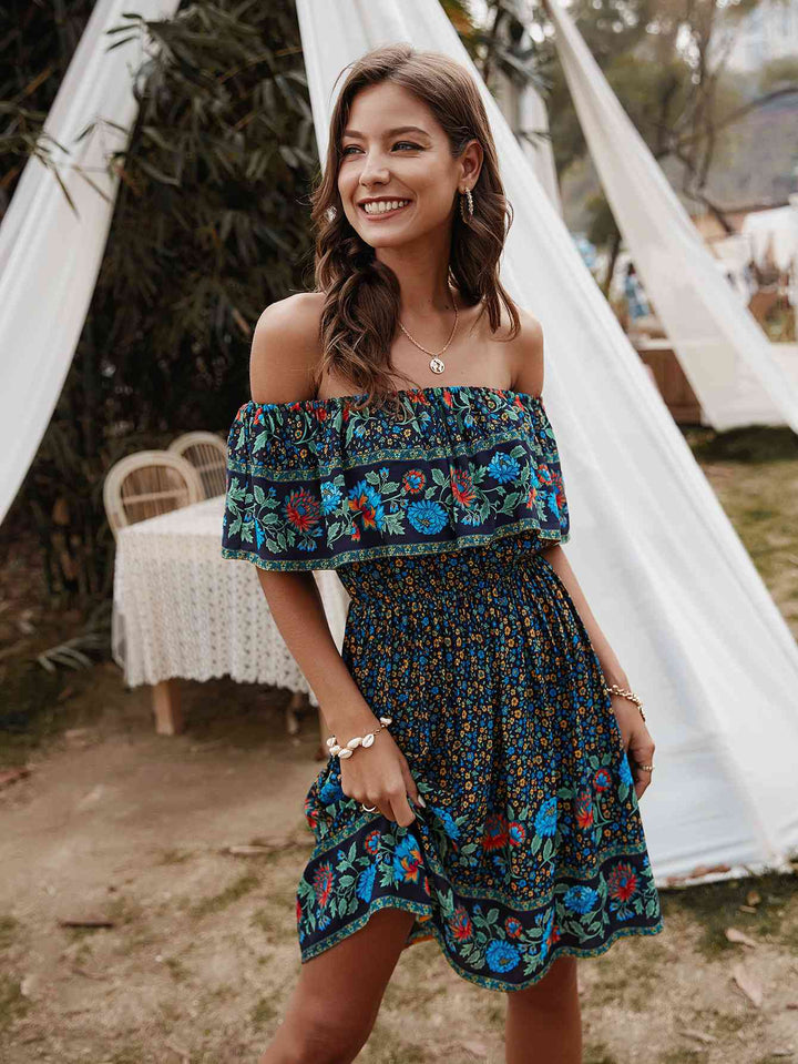 Bohemian Print Off-Shoulder Strapless Knee Length Dress