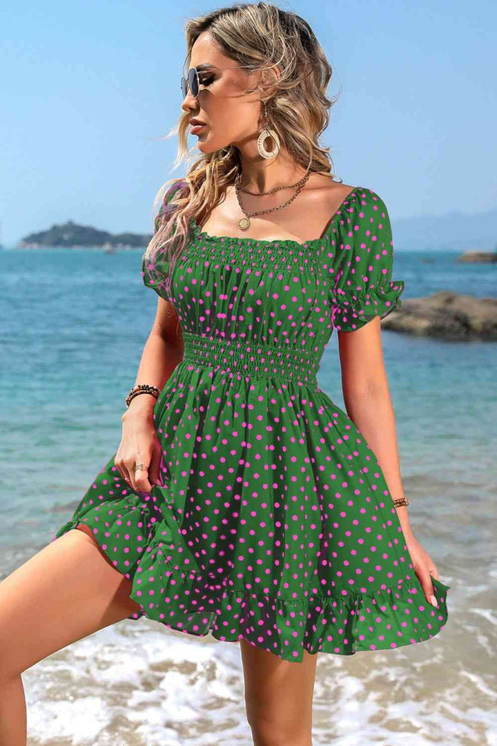 Polka Dot Square Neck Smocked Waist Dress